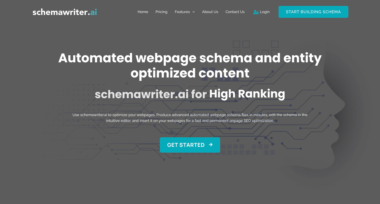 Homepage of SchemaWriter.AI showcasing a headline that highlights automated webpage schema and entity-optimized content, along with a call-to-action button labeled 'Get Started' for easy schema creation.